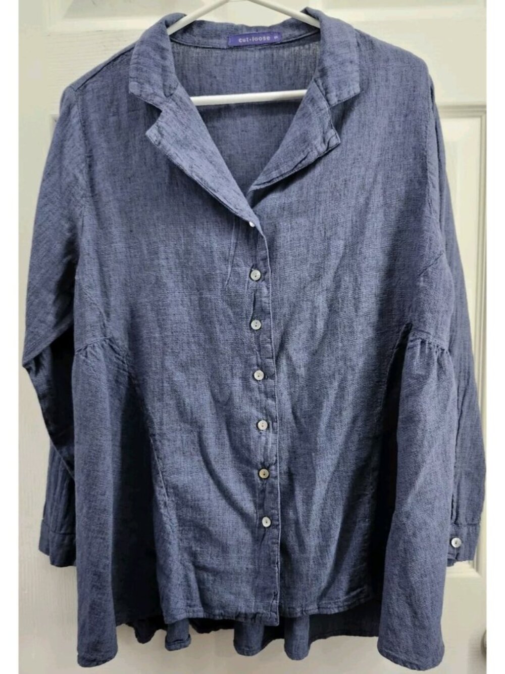 Cut Loose Linen Blend Blouse Peplum Coastal Blue Small